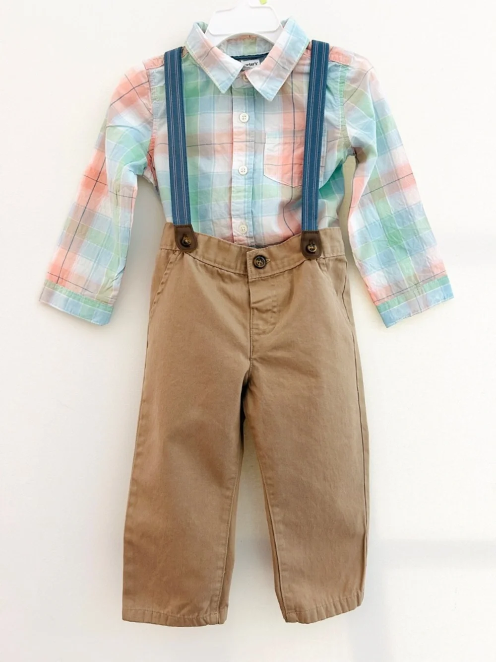 Carter’s 24M Boys Outfit Plaid Shirt Suspenders Khaki Pants Set